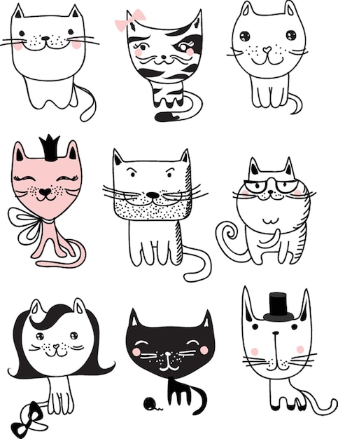 Rabiscos de gatos engraçados conjunto de 9 personagens desenhados à mão em poses diferentes elementos de design para impressão adesivos cartões tshirt poster isolado no fundo