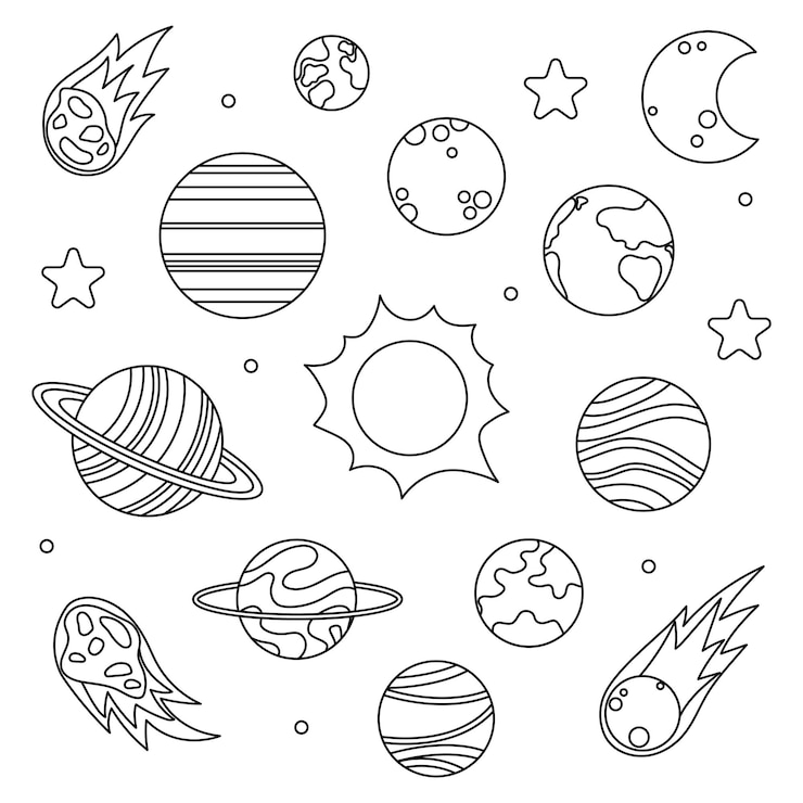 Vetor rabiscos do sistema solar isolados em um fundo branco. planetas, asteróides, cometa, estrelas, sol e lua.