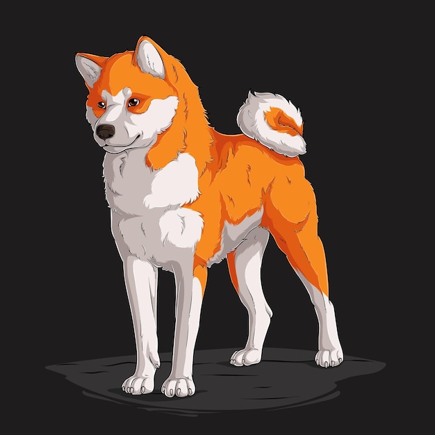 Raça de cão poderosa desenhada à mão Shiba Inu em pé em todo o comprimento isolado em fundo preto