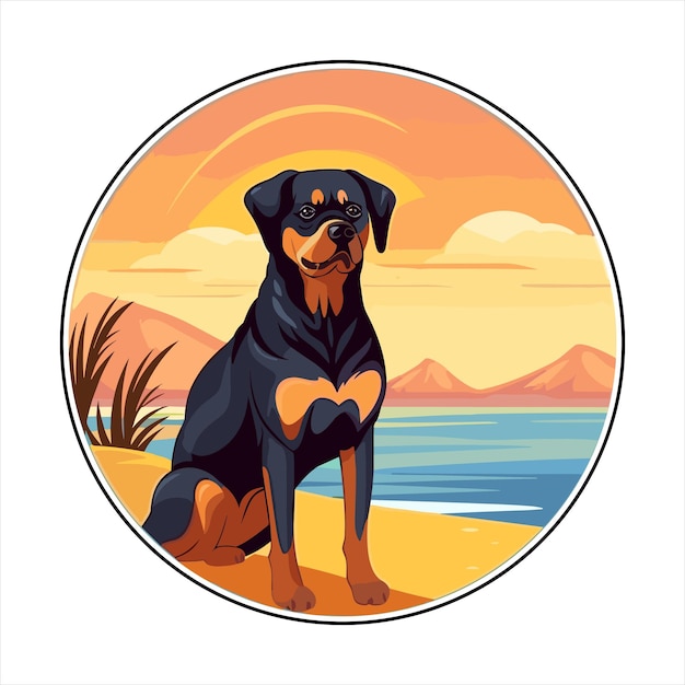 Vetor raça de cão rottweiler cartoon cute kawaii personagem praia animal de verão pet sticker ilustração