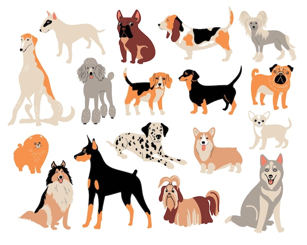 Raças de cães de desenho vetorial. ilustração bonito do doodle. conjunto de diferentes personagens de cães