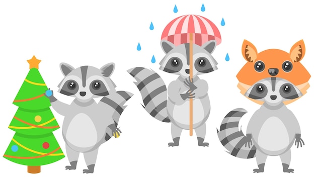 Raccons decora a árvore de natal, chapéu de raposa, com um guarda-chuva na chuva