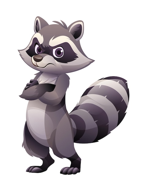 Vetor raccoon de desenho animado em pose zangada ilustração vetorial isolada em fundo branco