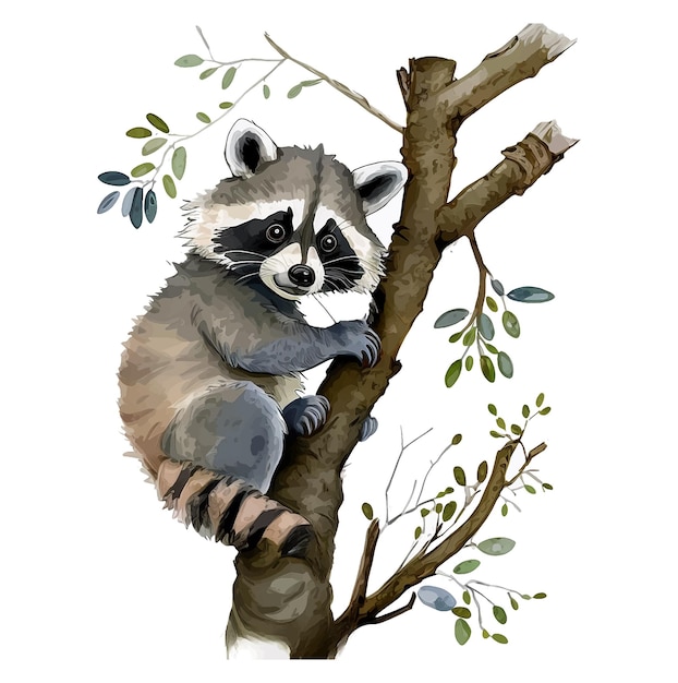 Raccoon on the tree tinta aquarela