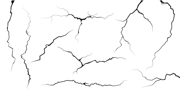Vetor rachaduras e fissuras superficiais em fendas de concreto no solo da vista superior do desastre quebras na superfície terrestre do terremoto isolado no fundo branco efeito de padrão de vidro quebrado na parede do chão danos