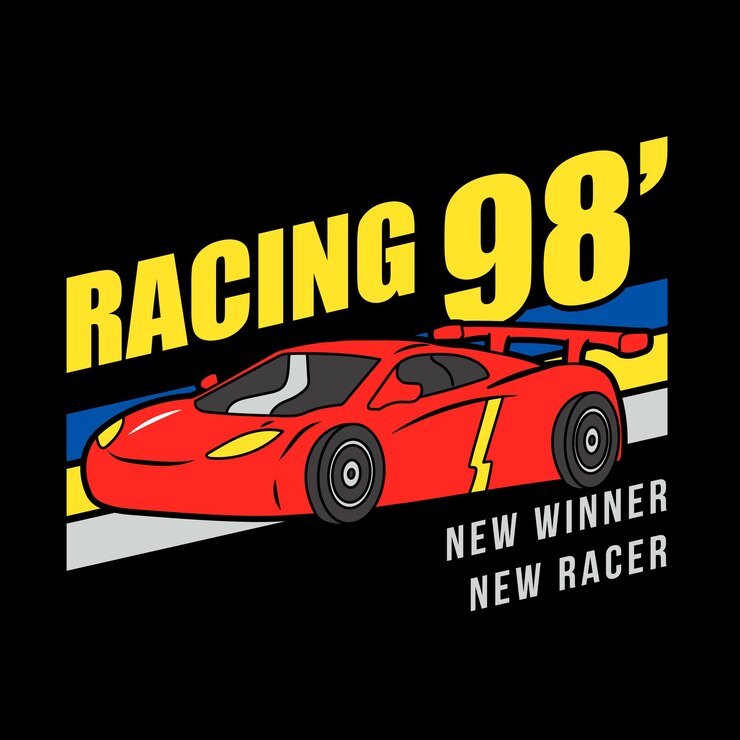 Vetor racing 98 texto com um carro vermelho