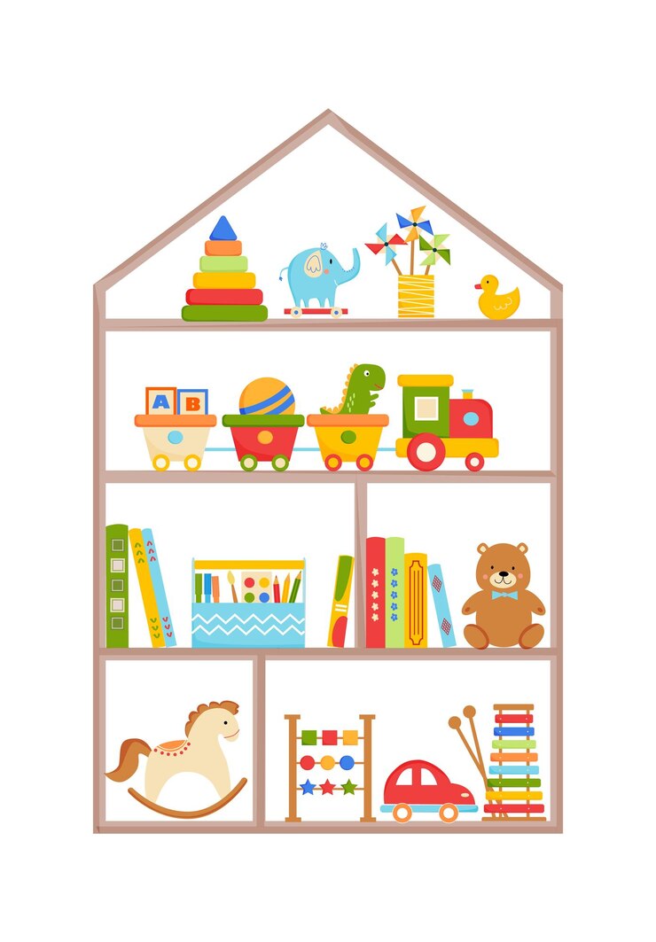 Vetor rack com brinquedos e livros brinquedos infantis em prateleiras de madeira urso de pelúcia carro de trem boneca dino cubos