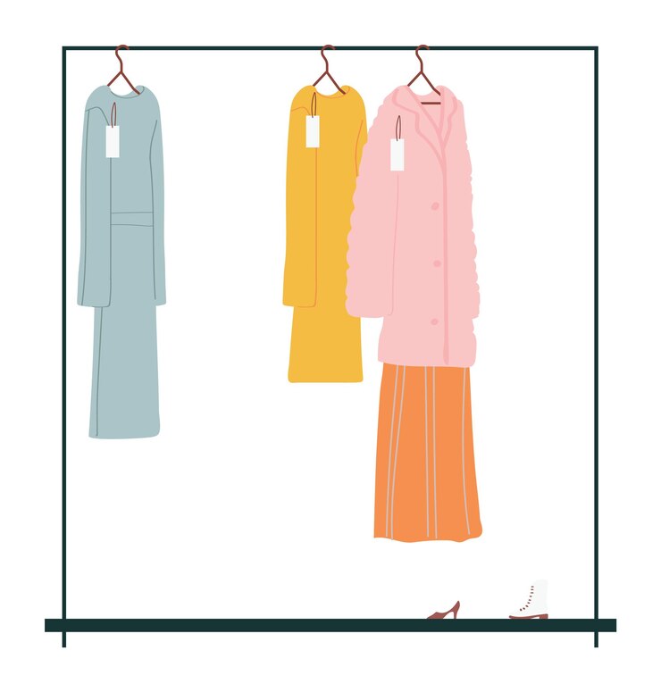 Vetor rack de roupas vestidos pastel casacos sapatos ilustração de moda vestuário feminino etiquetas de preço penduradas