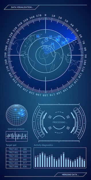 Radar verde militar. Tela com alvo. Interface HUD futurista. Ilustração em vetor de ações.