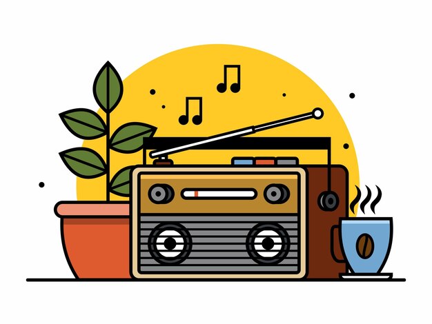 Vetor rádio retro com vetor de café e planta ilustração estilo liso dos desenhos animados