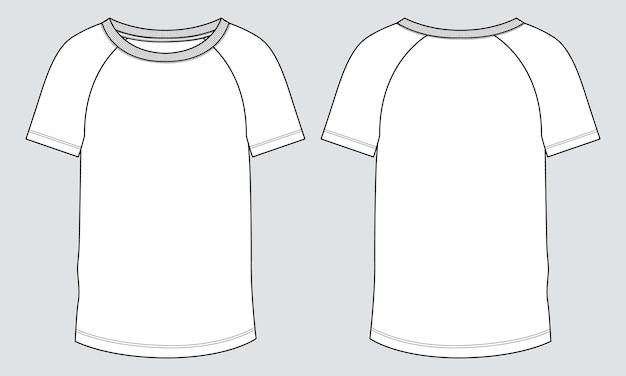 Vetor raglan t shirt esboço plano de moda técnica modelo de ilustração vetorial vistas frontal e traseira