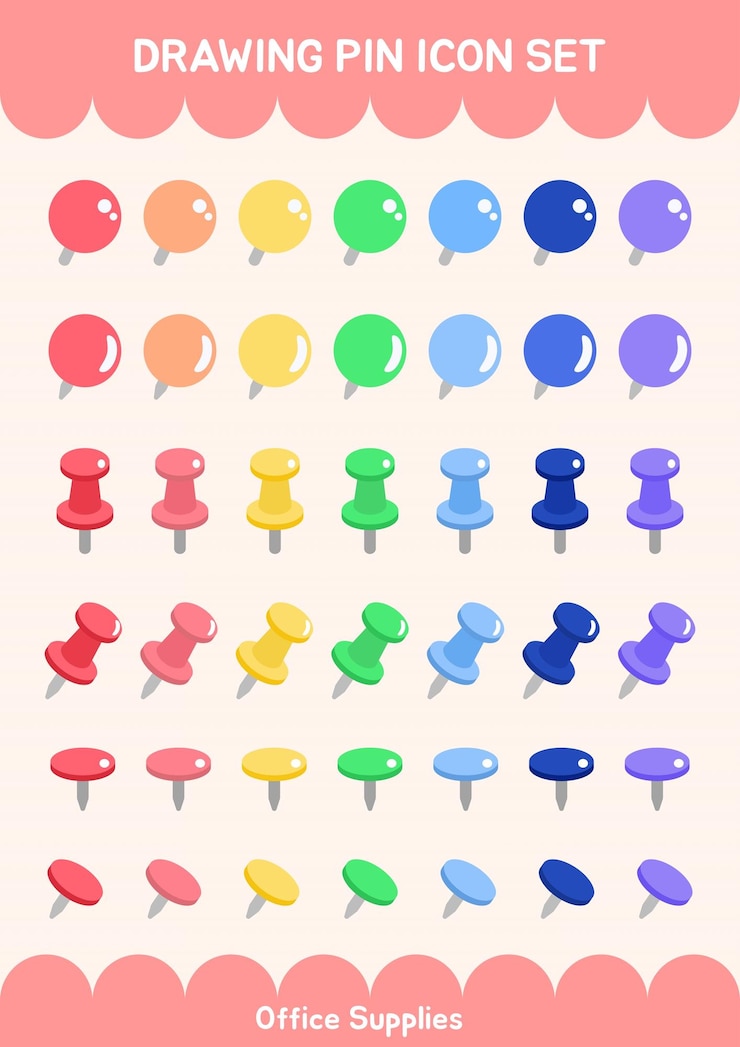 Vetor rainbow color drawing pins thumbtrack postit note memo pin set pushpin reminder supplies de escritório