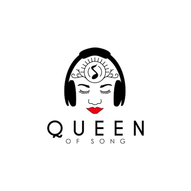 Rainha da música com coroa jovem beleza usando fone de ouvido aproveite o design do logotipo da silhueta da música