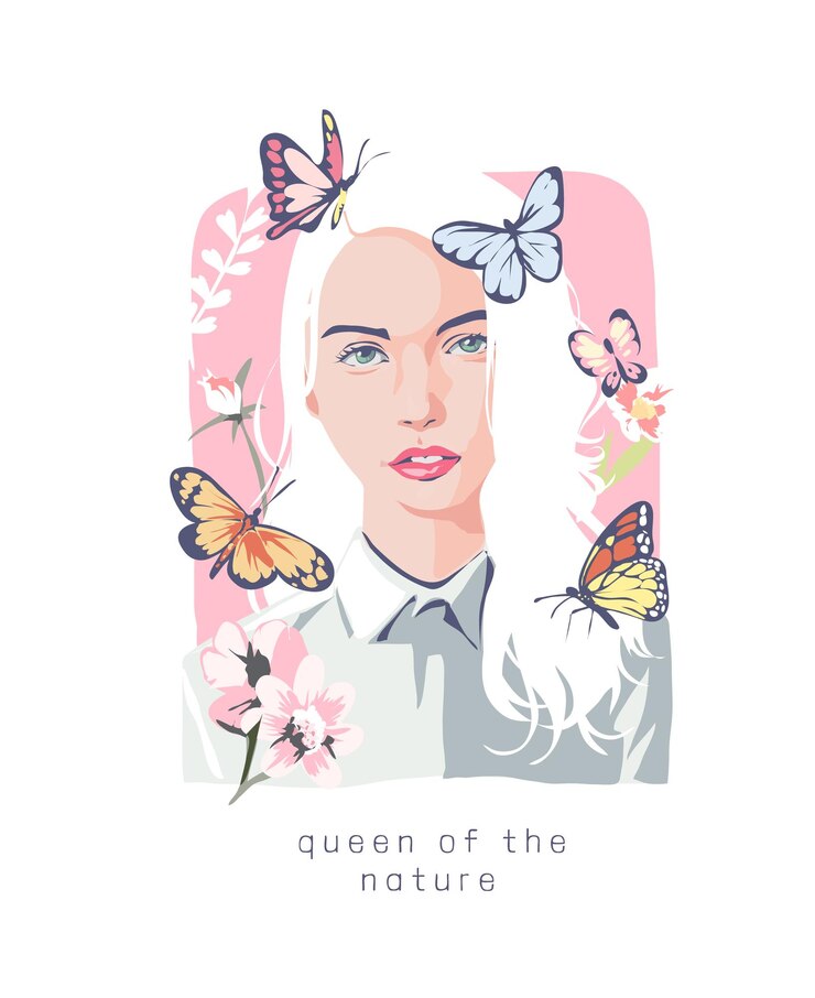 Vetor rainha do slogan da natureza com linda garota e ilustração de borboletas coloridas