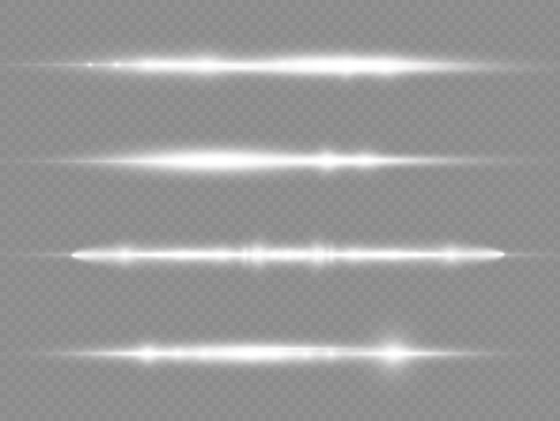 Raios de luz brilham em lentes horizontais brancas, pacotes de feixes de laser brilham, linhas brancas, lindos reflexos