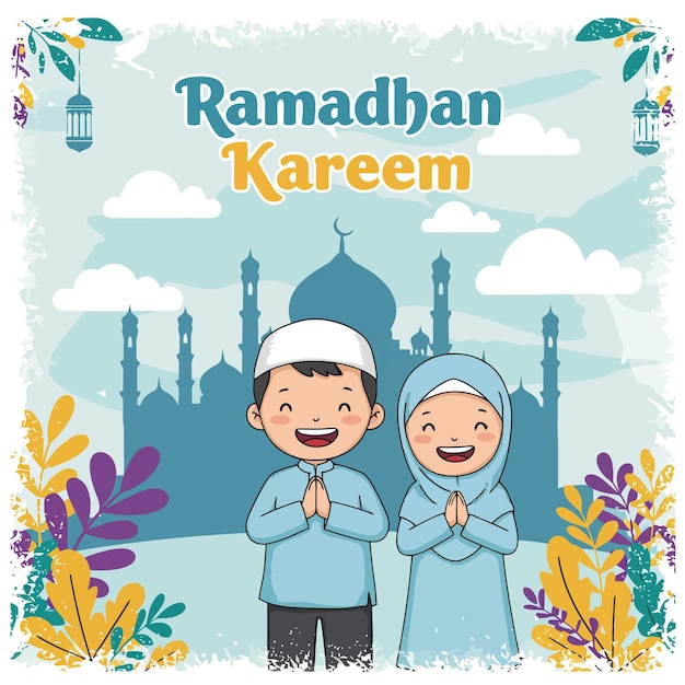 Ramadã alegre Kareem Crianças em trajes tradicionais cumprimentam antes da mesquita