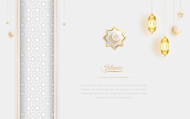 Ramadã Árabe Islâmico Branco e Fundo Ornamental de Luxo Dourado com Padrão Islâmico