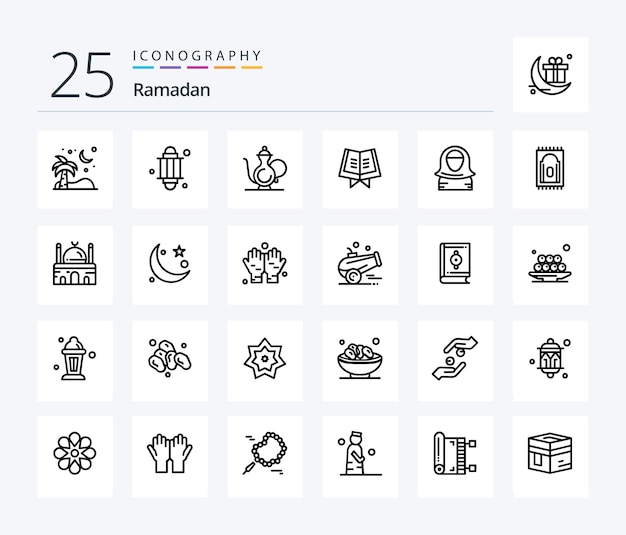Ramadan 25 Line icon pack incluindo livro religião light ramadã cup