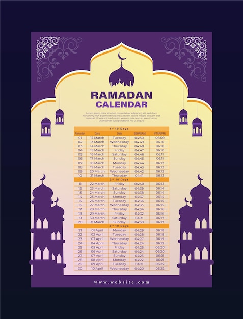 Vetor ramadan kareem 2024 modelo de calendário islâmico e sehri ifter horário