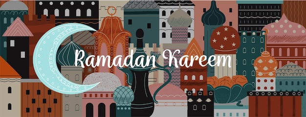 Ramadan kareem banner inscrição no fundo de edifícios orientais e arquitetura eid mubarak feriado islâmico festival religioso arquitetura árabe mesquita cartoon ilustração vetorial plana