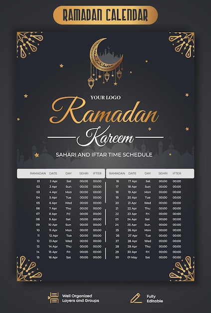 Vetor ramadan kareem calendar modelo premium ramadan iftar e sehri timetable