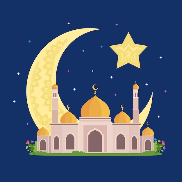 Ramadan Kareem cartão bandeira mesquita estrelas flores lua grande em um fundo azul