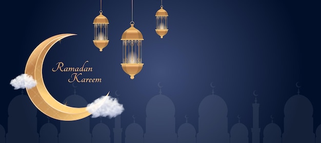 Ramadan kareem cartão de saudação islâmico ilustração vetorial de fundo lua dourada e modelo de design de lâmpada ilustração com lanterna dourada realista 3d