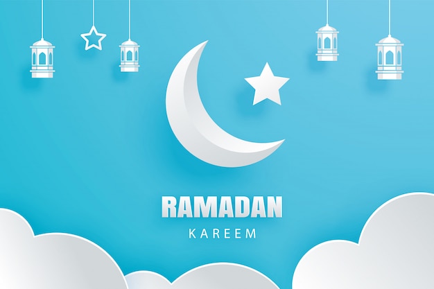 Ramadan kareem cartão lua e estrelas lanternas tradicionais