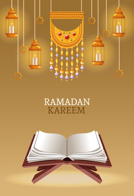 Vetor ramadan kareem com corão e lâmpadas