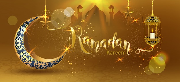 Ramadan Kareem com crescente lua ouro luxuoso crescente, elemento ornamentado islâmico de modelo para, estilo 3D