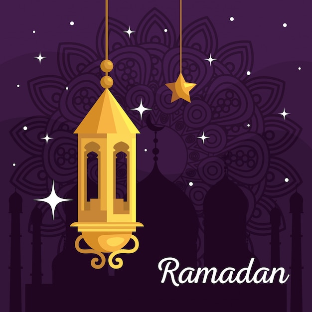 Ramadan kareem com lanterna e estrela pendurada ilustração