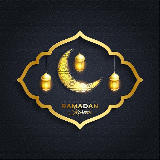 Ramadan kareem com lua crescente e lanternas penduradas