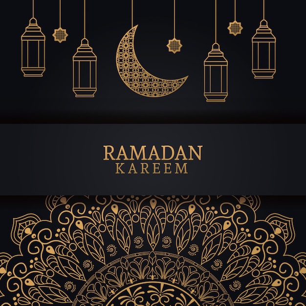 Ramadan kareem com lua minguante e arte islâmica