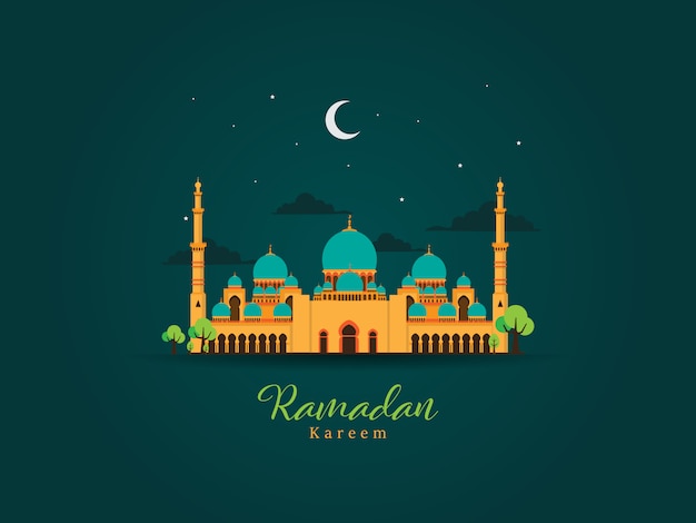 Ramadan kareem com mesquita de construção à noite