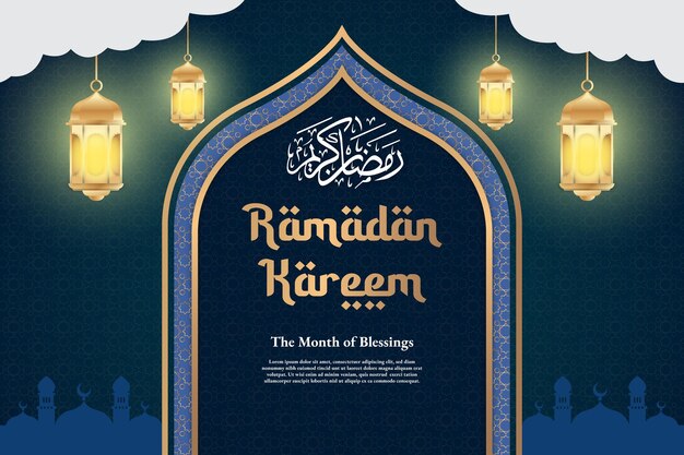 Vetor ramadan kareem com um fundo azul e uma luz pendurada no teto