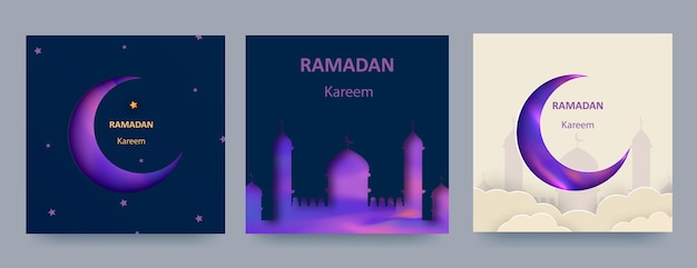 Ramadan kareem conjunto 3d lanternas islâmicas cortadas em papel, estrelas e lua