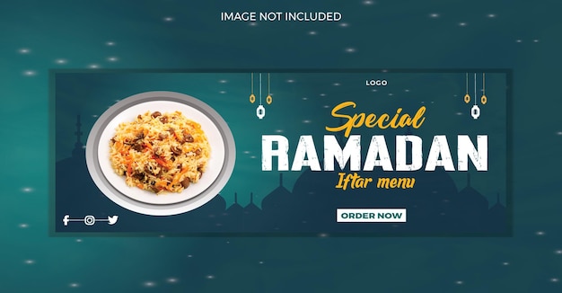 Vetor ramadan kareem design de banner de comida deliciosa e modelo de capa do facebook