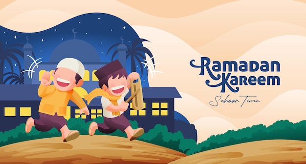 Ramadan kareem ilustração menino tradicional chamar pessoas até suhoor conceito refeição