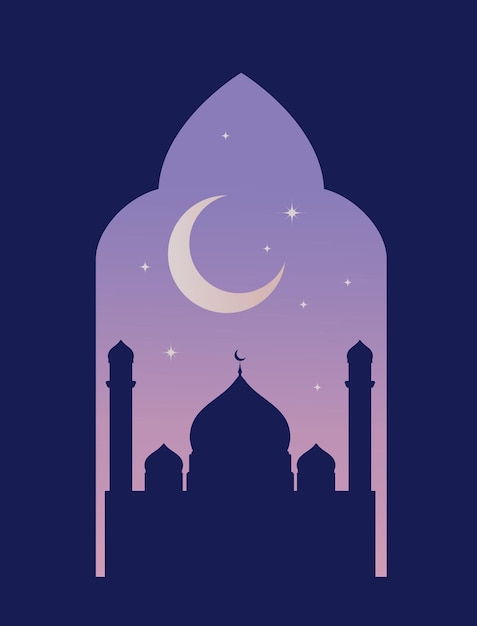 Ramadan kareem ilustração vetorial silhueta de mesquita e fundo crescente com moldura eid mubarak