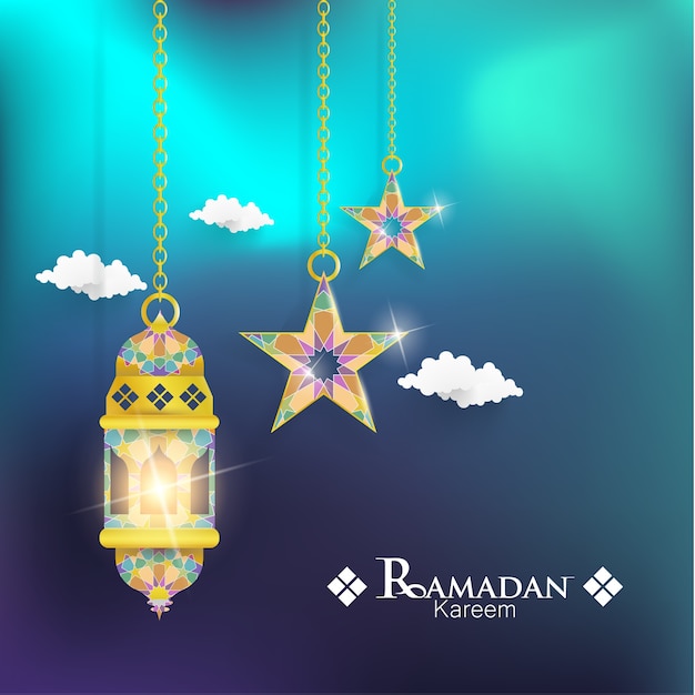 Ramadan Kareem. ilustrações de lanternas e estrelas. Ornamentos islâmicos com lindas cores