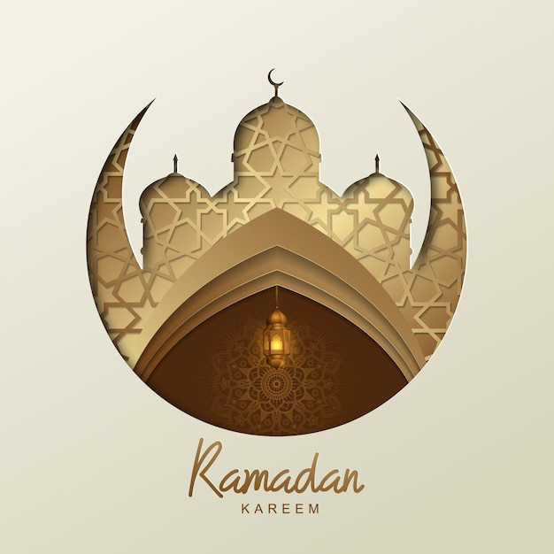 Ramadan kareem islâmico design com lanterna dourada e silhueta de mesquita geométrica