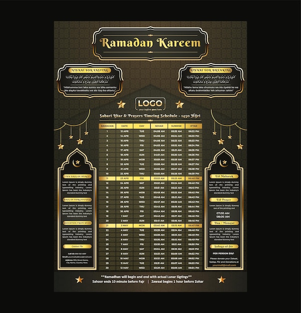 Vetor ramadan kareem jejum e oração time guide ramadan calendar design template iftar e sehri