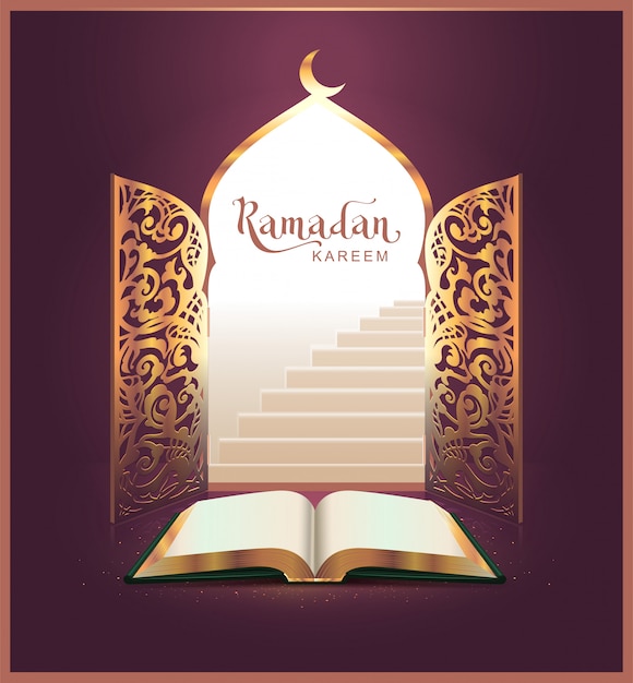 Ramadan kareem letras texto e livro aberto, porta