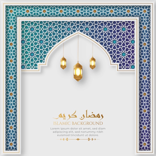 Ramadan kareem luxuoso arco islâmico colorido fundo padrão com ornamentos decorativos lanternas