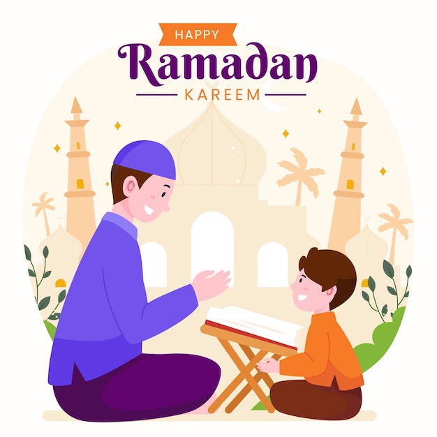 Ramadan kareem mubarak com o homem ensinando alcorão a seu filho durante o jejum,