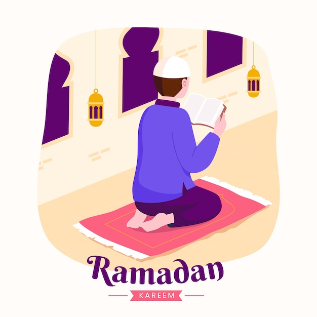 Ramadan kareem mubarak com o homem lendo alcorão durante o jejum,