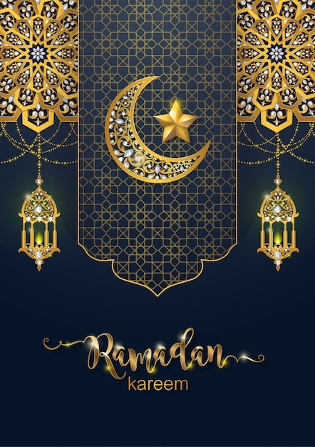 Ramadan kareem ou eid mubarak saudação fundo islâmico com ouro estampado e cristais na cor de fundo de papel.