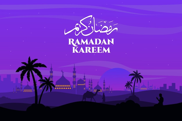 Ramadan kareem paisagem plana mesquita camelo roxo céu lindo