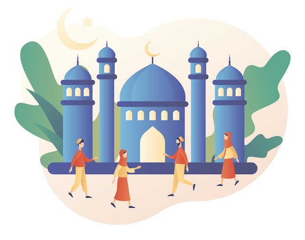 Ramadan kareem pessoas minúsculas se cumprimentam no feriado de eid mubarak mesquita e feas muçulmanas do mês sagrado