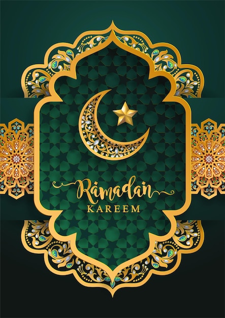 Ramadan kareem ramadhan ou eid mubarak por muçulmanos saudando o fundo islâmico com ouro estampado e cristais no fundo da cor do papel tradução ramadan kareem